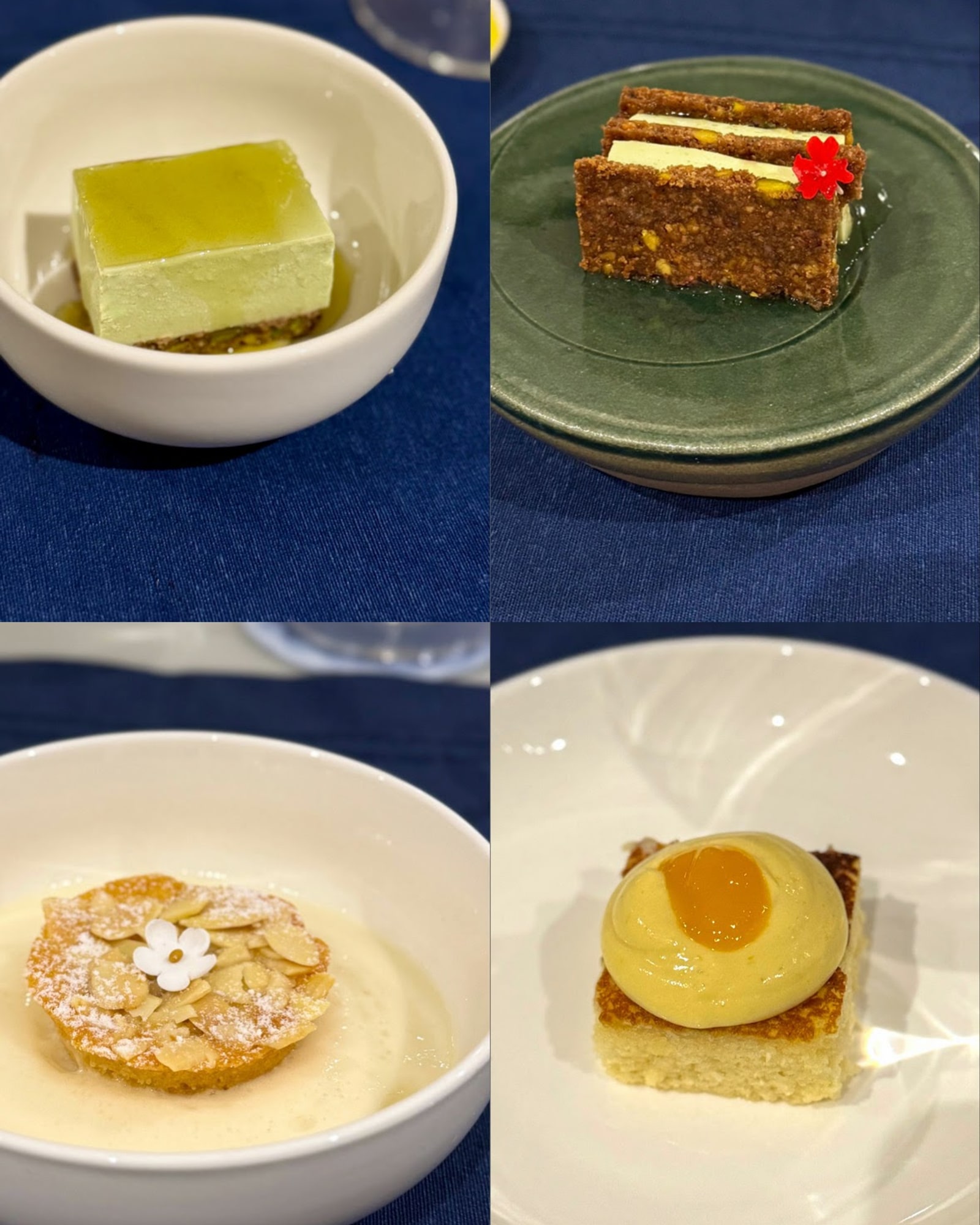 Quatro sobremesas individuais servidas em pratos e bowls durante um omakase, com bases de pistache, amêndoas e creme cítrico